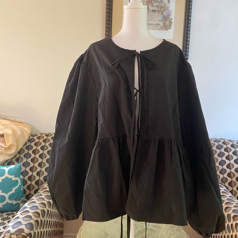 Boohoo Black Tie-Front Long Sleeve Smock Top, Plus Size 18 - Picture 9 of 9